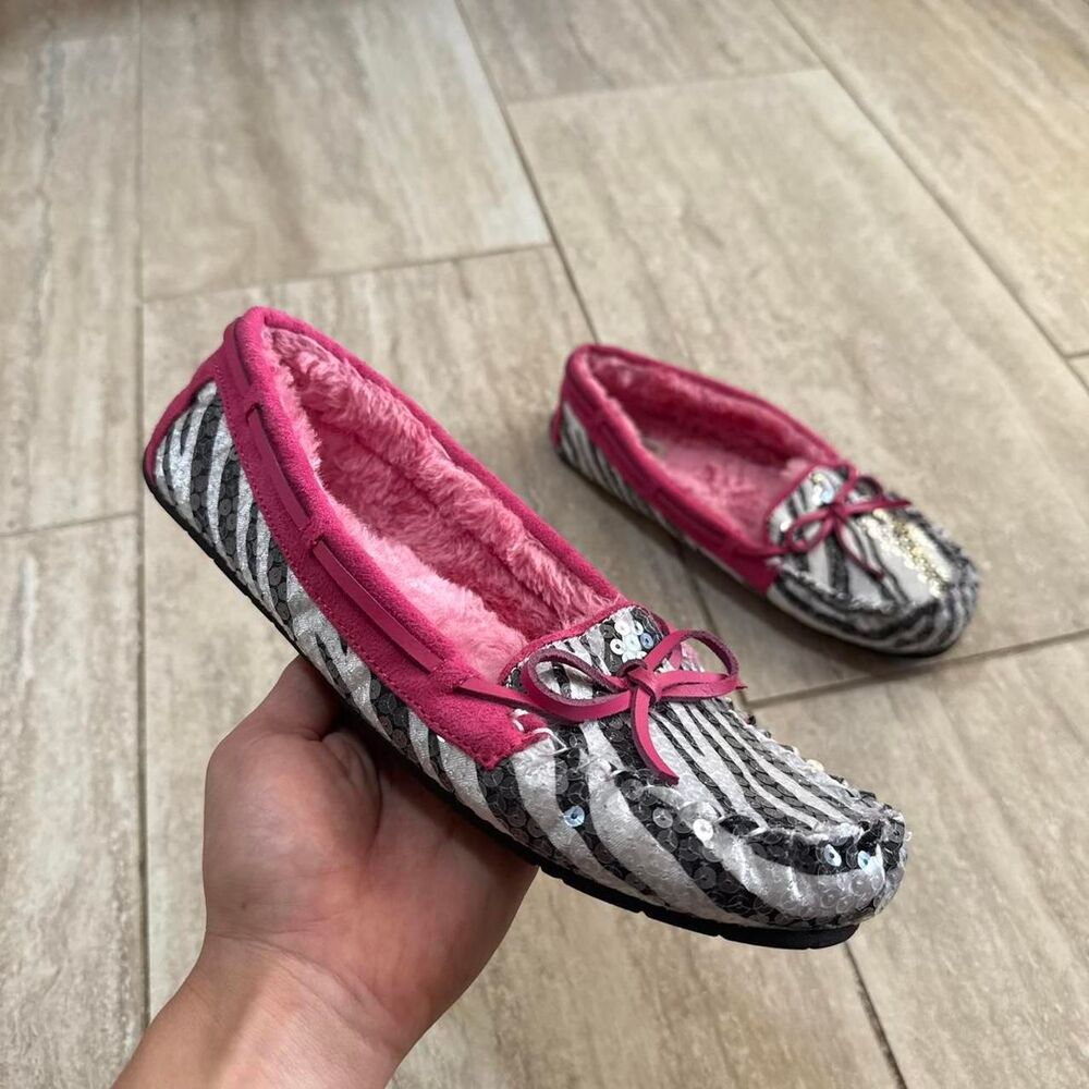 Vintage Y2K pink zebra striped Arizona slippers shoes size 9 mcbling sequins